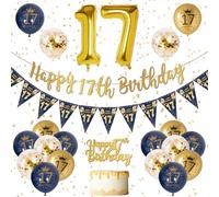 17th Birthday Decorations Boys Blue Gold Happy 17th Birthday Banner, 17th Birthday Balloons, Navy Blue Gold Latex Balloons Party Decorations Confetti Balloons for Boys 17 Birthday Party Supplies