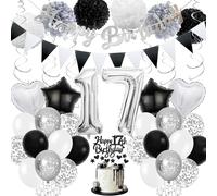 17th Birthday Decorations for Boys - 60 Pieces Black and Silver Balloons Happy Birthday Banner Pennant Cake Topper Hanging Swirls Tissue Pom Poms for 17 Years Old Theme Party