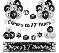 17th Birthday Decorations for Boys Girls - Black Silver Cheers to 17 Years Garland Hanging Swirls Decor, Happy 17th Birthday Yard Banner and Latex Balloons Party Supplies
