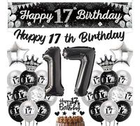 17th Birthday Decorations for Boys Girls - Black Silver Happy 17th Birthday Yard Banner, Star Heart Crown Number Foil Balloons Confetti Balloon Cake Topper for 17 Years Old Party Supplies