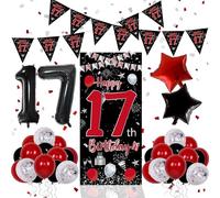 17th Birthday Decorations for Boys, Red Black Happy 17th Birthday Balloons Decorations for Girls, Boy 17 Year Old Door Banner, Triangle Flag, Large 17 Balloons Decor for 17 Bday Party Supplies
