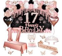 17th Birthday Decorations for Girls, 49pcs Black Rose Gold Black Banner, Tablecloth, Butterfly Decor, 17th Birthday Sash and Tiara, Cake Topper, Candles, Balloons Arch