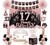 17th Birthday Decorations for Girls, Rose Gold 17th Birthday Party Kits | 32pcs Happy 17 Years Old Party Decorations Set, Backdrop, Crown, Sash, Banner, Cake Topper, Balloons, Card, Paper Fans