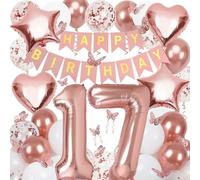 17th Birthday Decorations for Girls, Rose Gold 40 Inch Number 17 Foil Birthday Balloons with Happy Birthday Banner and Butterfly Stickers