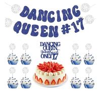 17th Birthday Decorations Girl, Birthday Queen Cake Topper, Happy 17th Birthdays Banner, Dancing Queen 17 Banner & Cake Topper Set, 10PCS Blue Silver Glitter Party Decor, 17 Year Old Party Supplies