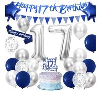 17th Birthday Decorations, Navy Blue and Silver Balloons Happy 17th Birthday Banner, Number 17 Foil Balloons, Cake Topper and Sash for Party Supplies