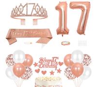 17th Birthday Decorations Princess Crown Queen Tiara It's My 17th Birthday Sash 17 Year old Cake Topper Number Balloons Set for Party Supplies, Rose Gold