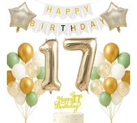 17th Birthday Decorations Set Light Gold White Sage Green Theme Happy Birthday Banner Balloon Decor Photo Backdrop for Boys Girls Kids Turning 17 Age 17 Party Supplies Celebration Decor Event Bundle