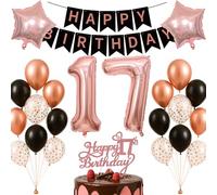 17th Birthday Decorations Set Rose Gold Black Theme Happy Birthday Banner Balloon Decor Photo Backdrop for Boys Girls Kids Turning 17 Age 17 Party Supplies Celebration Decor Event Bundle Bunting Set