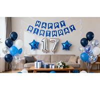 17th Birthday Party Decorations Blue for Boys, Happy Birthday Banner Blue Number 17 Birthday Star Foil Balloons Latex Confetti Balloons for Boys Him Son17 Year Old Party Decorations Supplies(17th)