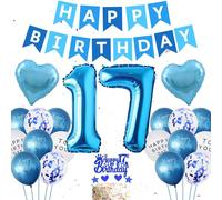 17th Birthday Party Decorations for Boys - 38 Pieces Blue Party Decoration, Number 17 Foil Heart Balloon, Happy Birthday Banner, Hanging Swirls, Cake Topper for Men Him Son 17 Year Old Party Supplies