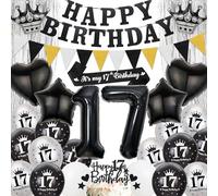 17th Birthday Party Decorations for Boys - Black Silver Happy Birthday Banner Pennant Flags Garlandand Sash, Star Heart Crown Number Foil Balloons Cake Toppers for 17 Years Old Teens