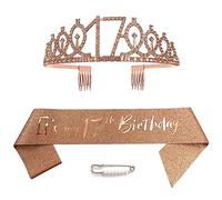 17th Birthday Sash Tiara and Crowns for Girls, Birthday Queen Rose Gold Tiara,Princess Tiara Rhinestone Headbands with Combs Bridal Wedding Tiaras for Wedding Prom Bridal Party Christmas
