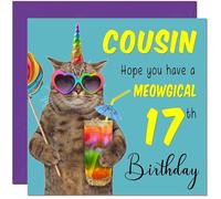 17th Cousin Birthday Card - Meowgical Cat Funny Birthday Card for 17 Year old teenage Kids seventeen, seventeenth