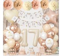 17th Cream Birthday Decorations for Girls, Beige Foil Number Heart Brown Star Balloons Neutral White Gold Nude Balloons with Boho Happy Birthday Banner Fringe Curtain Paper Pom Poms Baby Shower Decor