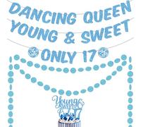17th Dancing Queen Party Decorations - Blue Young and Sweet Disco Banner for Girls, Glitter Only 17 Cake Topper Circle Dot Streamer Garland for Birthday Music Themed Decor