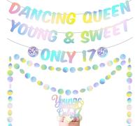 17th Dancing Queen Party Decorations - Silver Young and Sweet Disco Banner for Girls, Glitter Only 17 Cake Topper Iridescent Circle Dot Streamer Garland for Birthday Music Themed Decor