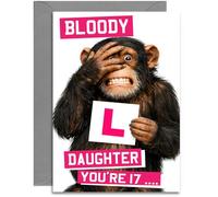 17th Daughter Funny Bloody L Birthday Card - Age 17 Chimp with L Plate design - A5 Size Card with Grey Envelope, Made in UK