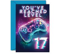 17th Gamer Birthday Cards for Boys Girls - You've Reached Level 17 - Happy 17 Birthday Card for Son Daughter Nephew Niece Grandson, 5x7 Inch Seventeen Seventeenth Bday Video Game Greeting Cards