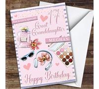 17th Great Granddaughter Pink Makeup Teenager Custom Personalised Birthday Card - Personalised Birthday Greeting Card for Kids, Custom Birthday Card