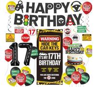 17th Learner Driver Birthday Decorations - 30 Pcs Happy 17th Birthday Learner Driver Backdrop Banner Balloons Car Road Signs Hanging Swirls Party Decoration for Boys 17 Years Old