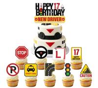 17th Learner Driver Birthday Decorations - 9Pcs 17 Year Old Driver Licence Cake Toppers Dvla Driving Traffic Signal, Car Road Signs Transportation Theme Party Supplies for New Driver 17th Birthday