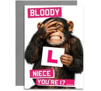 17th Niece Funny Bloody L Birthday Card - Age 17 Chimp with L Plate design - A5 Size Card with Grey Envelope, Made in UK