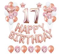 17th Rose Gold Birthday Party Decorations Pack 48PCS Banner Happy Birthday Decorations for Girls Women Party Supplies Happy Birthday Star Heart Rose Gold Foil Balloons Latex Balloons (17th)