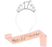 17th Rose Gold Happy Birthday Sash and Tiara Rhinestone Crown Headband for 17th Birthday Party Accessories, Decoration