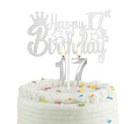 17th Silver Birthday Cake Candle with Cake Topper, Silver Party Candle Cake Topper for Boys Girls Men Women, 17th Birthday Decoration, Wedding Anniversary