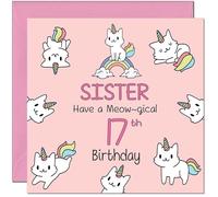 17th Sister Birthday Card - Funny Cat Cute Sister's Birthday Card for 17 Year old teenage Kids seventeen, seventeenth