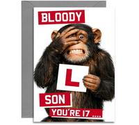 17th Son Funny Bloody L Birthday Card - Age 17 Chimp with L Plate design - A5 Size Card with Grey Envelope, Made in UK