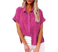 (18, 004* Hot Pink) Cotton Linen Shirts for Women Trendy Button Down Shirts Rolled Cuffed Short Sleeve Summer Tops Cute Collared Casual Work Blouses Elegant Dressy Tunic