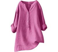 (18, 006* Hot Pink) Ladies Tops Casual Button Down Cotton Linen Shirts Fall V Neck Roll Up Long Sleeve Plus Size Blouses Womens Summer Tops Loose Fit Pullover Oversized T