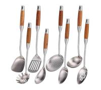 18/10 Stainless Steel Kitchen Utensils Set with Wood Handle - 15”Metal Cooking Tools & Serving Utensil, 8-Pieces Cooking Spoons Set - Spatula, Ladle, Skimmer, Turner, Pasta, Solid Spoon, Slotted Spoon