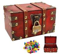 18*11.5*10.5cm Vintage Wooden Treasure Chest, Pirate Antique Style Storage Box with Password Padlock, Jewelry Organizer for Keepsakes,Trinket, Necklace,Earrings, Red Wood Decorative Container with Lid