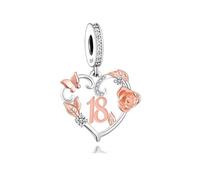 18 18th Birthday Love Heart Rose Flower Butterfly Gold Bead Pendant 925 Sterling Silver Dangle Compatible With Pandora Moments Charm Bracelet