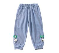 18-24 Months Baby Toddler Girls Denim Pants Joggers Elastic Waist Cute Animal Strawberry Rabbit Embroidery Print Jeans Casual Denim Pants Soft Relax Fit Ankle Length Trousers 004_Green