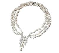 18" 3 Strands Cubic Zirconia Pave Connector Cultured White round freshwater Pearl chokers Necklace wedding for women