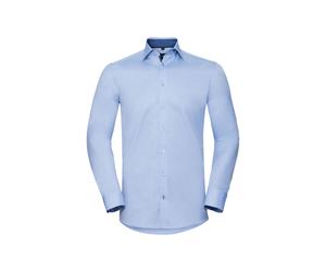 (18.5in, Light Blue/Mid Blue/Bright Navy) Russell Mens Contrast Herringbone Stitch Tailored Long-Sleeved Formal Shirt