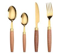 18/8 Stainless Steel Kitchen Silverware Knife Fork Spoon Wooden Handle Knife Fork Spoon Steak Knife Fork Spoon 4-Piece Set (Gold-4 Pieces)