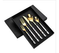 18/8 Stainless Steel Kitchen Silverware Set , Unique Handle Design, Including Knife / Fork / Spoon (Jade Texture/Gift Box (5-piece set, gold))