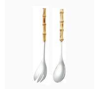 18/8 Stainless Steel Natural Bamboo Handle Section Dishing Spoon Fork Hot Pot Spoon Colander Powder Fishing Soup Shell Household Cooking Kitchen Spoon (2Pcs-B Style-Silver)