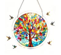 18.8CM Acrylic Puzzle Suncatcher Window Hanging,Hummingbird Flowers Stained Glass Sun Catchers for Windows,Stained Glass Sun Catchers for Windows,Emerald Flame Hummingbird Sun Catchers(Tree)