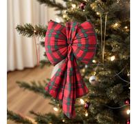 18.9x9.84in Large Plaid Christmas Tree Topper Bow Handmade Flocked Plush Fabric Bow Xmas Tree Decor Holiday Wreath Fireplace Hanging Ornaments Wedding Home Festive Party Supplies