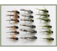 18 BARBLESS Tungsten Bead Trout Flies - Hares Ear, Olives, and Pheasant Tails, (10)