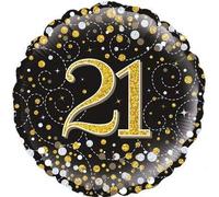 18" Foil Balloon - 21st Sparkling Fizz Black & Gold Holographic
