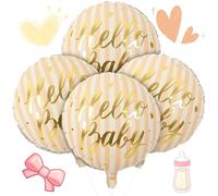 18" Gender Reveal Foil Balloons, 4pcs Peach Stripes Mylar Round Baby Balloon with HELLO BABY Gold Letter Print, Girl Balloons for Baby Shower Gender Reveal Boy Girl Newborn Party Decorations Supplies