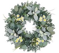 18'' Green Eucalyptus Wreaths for Front Door,Year Round Greenery Wreath with Eucalyptus Boxwood Leaf Little Daisy Lambs Ear for Home,Outside Farmhouse,All Seasons-Indoor/Outdoor