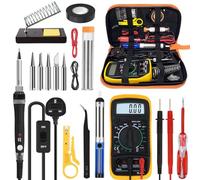 18 in 1 Soldering Iron Kit, 60W Soldering Iron with 5 Extra Tips, Soldering Kit with LCD Digital Multimeter, Stand, Desoldering Pump, Solder, Wire Stripper Cutter, Tweezers, Tape, Tool Bag